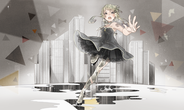Anime picture 2750x1652 with vocaloid gumi mizutamari tori single looking at viewer highres short hair open mouth wide image standing bare shoulders green eyes green hair standing on one leg tripping girl dress hair ornament pantyhose black dress