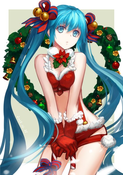 Anime picture 1057x1500 with vocaloid hatsune miku tianna single tall image looking at viewer blue eyes light erotic twintails signed blue hair very long hair christmas girl gloves ribbon (ribbons) bell suspenders wreath stick