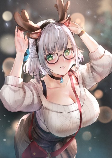 Anime picture 706x1000 with virtual youtuber hololive shirogane noel shirogane noel (3rd costume) qian wu atai single tall image blush short hair breasts open mouth light erotic green eyes silver hair :d horn (horns) leaning leaning forward huge breasts official alternate costume