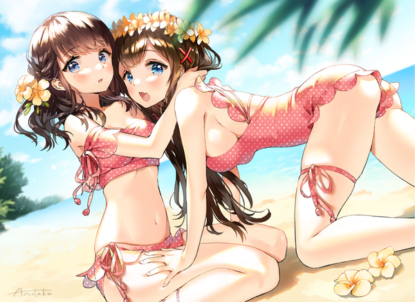 Anime picture 1000x729 with original ancotaku long hair looking at viewer blush fringe breasts open mouth blue eyes light erotic brown hair large breasts sitting multiple girls signed sky cleavage cloud (clouds) ass outdoors