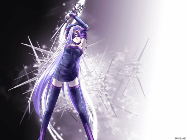 Anime picture 1024x768 with fate (series) fate/stay night studio deen type-moon rider single long hair purple hair tattoo wallpaper purple background face paint girl gloves weapon pantyhose elbow gloves fingerless gloves thigh boots mask