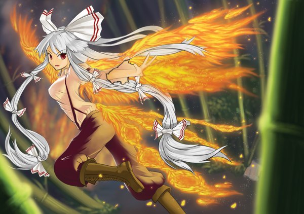 Anime picture 2953x2079 with touhou fujiwara no mokou bambidulgi single looking at viewer fringe highres breasts red eyes white hair tail very long hair animal tail night night sky torn clothes running girl ribbon (ribbons) plant (plants)
