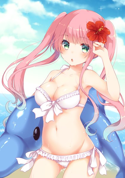 Anime picture 703x1000 with original emilion single long hair tall image blush fringe breasts open mouth light erotic large breasts standing twintails bare shoulders holding green eyes pink hair cloud (clouds) hair flower :o