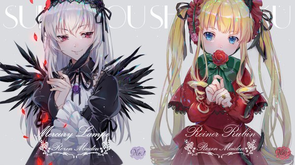 Anime picture 1558x872 with rozen maiden suigintou shinku ekita xuan long hair blue eyes blonde hair smile wide image twintails multiple girls payot silver hair pink eyes grey background copyright name drill hair covered mouth lolita fashion goth-loli