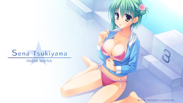 Anime picture 1920x1080 with noble works tsukiyama sena muririn single looking at viewer highres short hair breasts light erotic wide image large breasts yellow eyes game cg hair flower green hair girl hair ornament swimsuit bikini