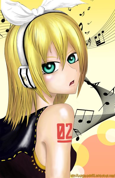 Anime picture 1500x2315 with vocaloid kagamine rin ladyshadow92 single tall image looking at viewer blush highres short hair open mouth blue eyes blonde hair yellow background girl bow hair bow headphones musical note