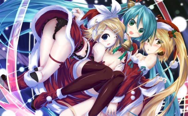 Anime picture 2000x1237 with vocaloid hatsune miku kagamine rin akita neru demitasu (artist) looking at viewer blush highres short hair open mouth blue eyes light erotic blonde hair wide image twintails bare shoulders multiple girls green eyes yellow eyes ass