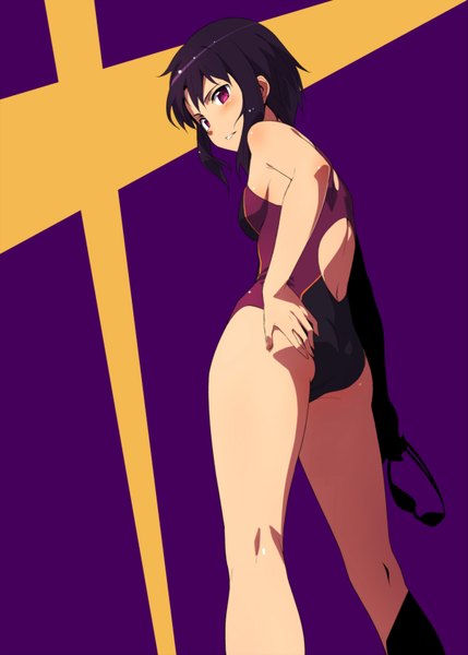 Anime picture 1200x1679 with original kinta (distortion) single tall image looking at viewer blush short hair light erotic simple background purple hair ass pink eyes hand on hip girl swimsuit one-piece swimsuit goggles competition swimsuit