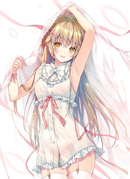 Anime picture 872x1200 with original miwabe sakura single long hair tall image looking at viewer blush fringe open mouth light erotic simple background blonde hair smile hair between eyes standing white background holding yellow eyes :d arm up