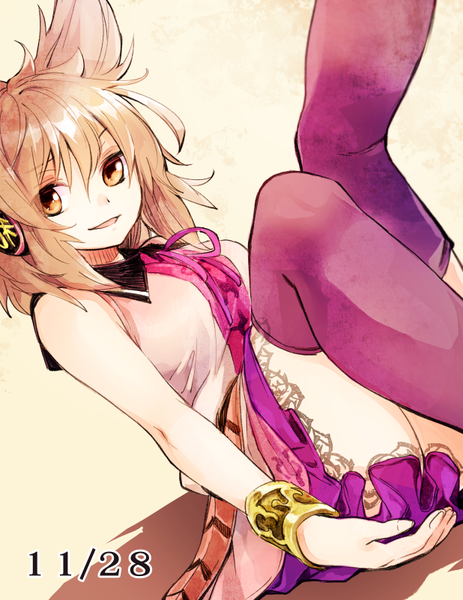 Anime picture 618x800 with touhou toyosatomimi no miko makuwauri single tall image looking at viewer short hair light erotic simple background blonde hair smile white background sitting bare shoulders orange eyes legs girl thighhighs skirt bracelet