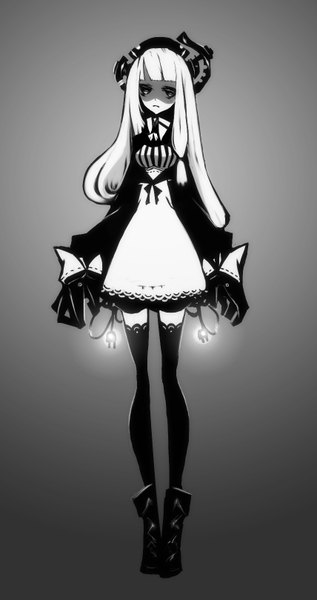 Anime picture 856x1619 with original kiku (kicdoc) single long hair tall image looking at viewer white hair black eyes monochrome light girl thighhighs dress black thighhighs boots lace-trimmed thighhighs cable