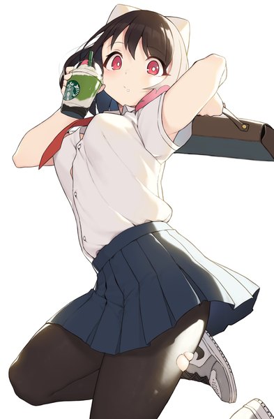 Anime picture 2678x4093 with original starbucks player 2 (cloba) cloba single tall image looking at viewer highres short hair breasts simple background brown hair white background animal ears bent knee (knees) pleated skirt pink eyes short sleeves jumping girl