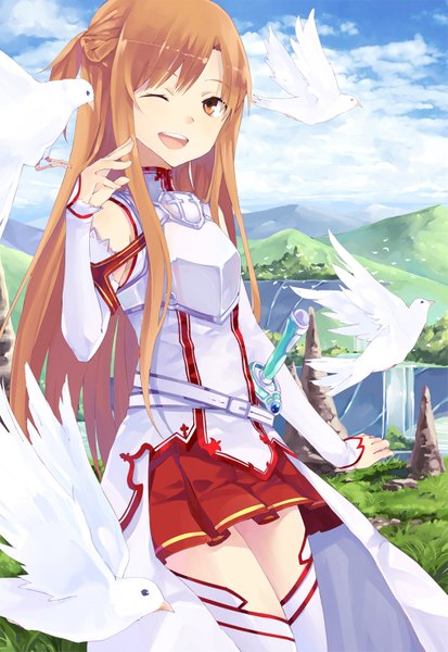 Anime picture 1015x1475 with sword art online a-1 pictures yuuki asuna hao (patinnko) single long hair tall image open mouth brown hair brown eyes looking away sky cloud (clouds) one eye closed wink mountain girl thighhighs weapon detached sleeves