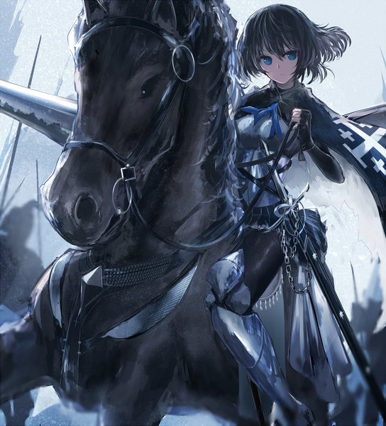 Anime picture 1958x2160 with original swav tall image looking at viewer fringe highres short hair blue eyes black hair hair between eyes sitting holding bent knee (knees) sheathed riding girl gloves weapon animal pantyhose