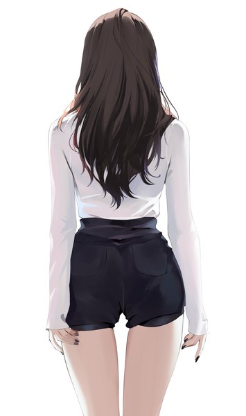 Anime picture 2023x3420 with original spider apple single long hair tall image highres simple background brown hair standing white background ass long sleeves nail polish fingernails from behind sleeves past wrists black nail polish girl shorts short shorts