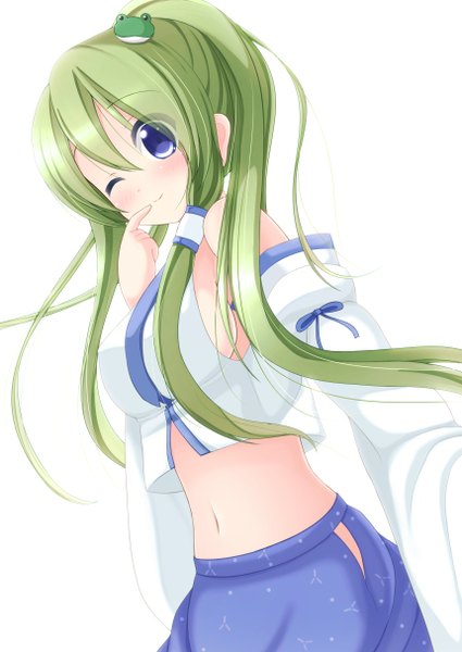 Anime picture 860x1214 with touhou kochiya sanae chimunge single long hair tall image blush blue eyes simple background smile white background ponytail one eye closed green hair wink midriff girl hair ornament detached sleeves hair tubes