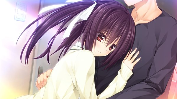 Anime picture 1280x720 with pretty x cation hibiki works sakura asagiri long hair black hair red eyes wide image twintails game cg couple hug girl boy ribbon (ribbons) hair ribbon