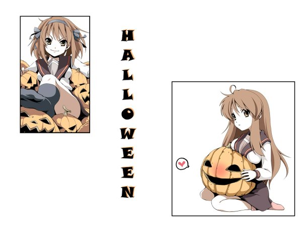 Anime picture 1280x960 with suzumiya haruhi no yuutsu kyoto animation suzumiya haruhi asahina mikuru long hair blush short hair simple background brown hair white background orange eyes halloween girl uniform school uniform hairband vegetables jack-o'-lantern pumpkin