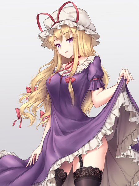 Anime picture 1080x1440 with touhou yakumo yukari minust single long hair tall image looking at viewer light erotic simple background blonde hair purple eyes gradient background frilled dress tress ribbon girl thighhighs dress bow black thighhighs hair bow