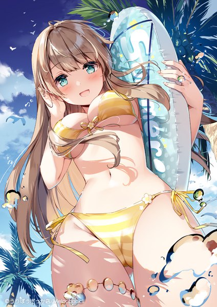 Anime picture 566x800 with original miyase mahiro single long hair tall image looking at viewer blush breasts open mouth light erotic smile brown hair large breasts standing holding sky cloud (clouds) outdoors nail polish :d