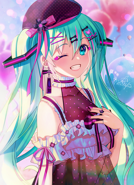 Anime picture 900x1242 with vocaloid hatsune miku memu 0113 single long hair tall image looking at viewer blush fringe smile hair between eyes twintails signed nail polish one eye closed multicolored hair aqua eyes fingernails wink aqua hair