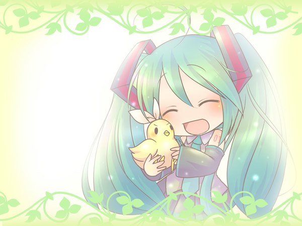 Anime picture 1024x768 with vocaloid hatsune miku kagamine rin single blush fringe open mouth holding eyes closed head tilt aqua hair wide sleeves happy chibi animalization girl detached sleeves animal necktie bird (birds)