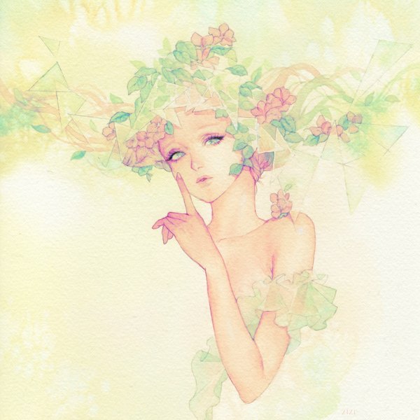 Anime picture 1181x1181 with original zizi single long hair open mouth blonde hair bare shoulders green eyes signed multicolored hair hair flower green hair realistic two-tone hair teeth finger to mouth wavy hair traditional media watercolor (medium) surreal