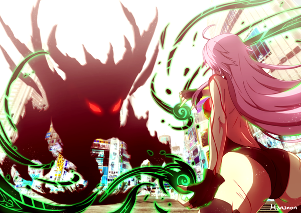 Anime picture 900x637 with original thousand characters project (hananon) valeria (thousand characters project) hananon long hair light erotic red eyes standing pink hair ass from behind city magic demon injury cuts girl gloves fingerless gloves