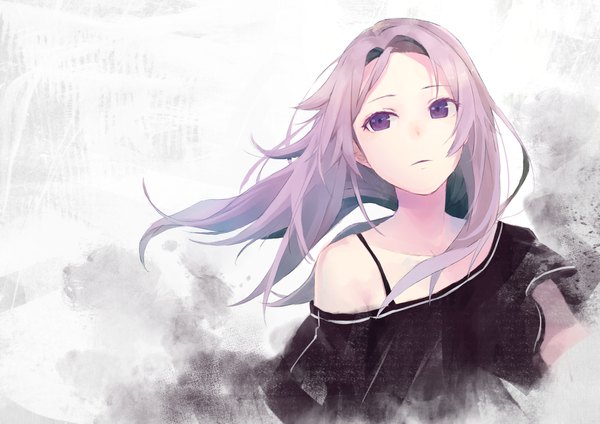 Anime picture 1754x1240 with original kobuta single long hair highres simple background purple eyes looking away purple hair upper body wind off shoulder girl