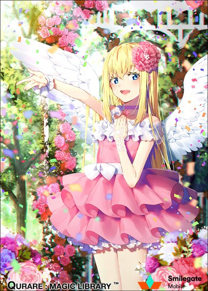 Anime picture 640x896 with qurare: magic library hakusai (tiahszld) single long hair tall image blush fringe open mouth blue eyes blonde hair hair between eyes looking away hair flower outstretched arm angel wings girl dress flower (flowers) wings choker