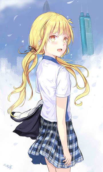 Anime picture 1200x2000 with original cyou shigen beifeng han single long hair tall image blush open mouth blonde hair twintails yellow eyes looking away girl skirt shirt