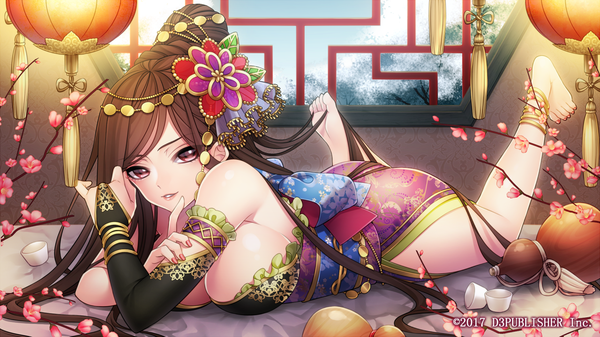 Anime picture 1280x720 with original takamiya ren single looking at viewer fringe breasts light erotic red eyes brown hair wide image large breasts bare shoulders bent knee (knees) lying very long hair barefoot hair bun (hair buns) sideboob plum blossoms 2017