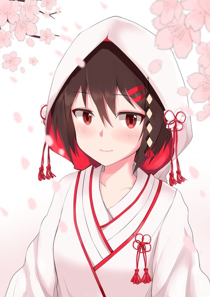Anime picture 2480x3507 with warship girls r ayanami (warship girls r) ero mang-a single tall image looking at viewer blush fringe highres short hair smile hair between eyes red eyes brown hair white background upper body traditional clothes japanese clothes gradient background cherry blossoms