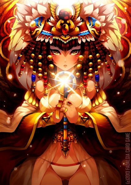 Anime picture 636x900 with real life cleopatra kaskia single long hair tall image blush light erotic brown hair yellow eyes braid (braids) light girl dress hair ornament bracelet bell jewelry ring jingle bell