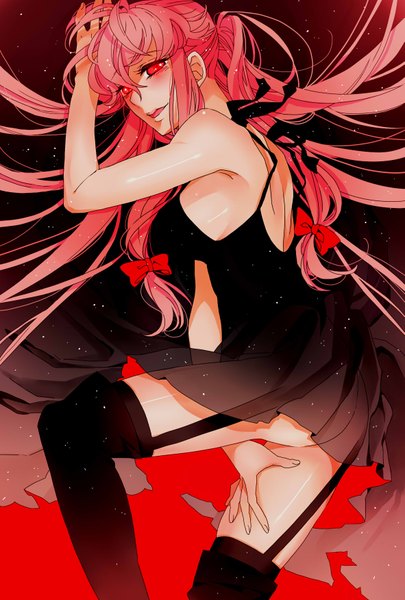 Anime picture 1181x1748 with mirai nikki gasai yuno ateka (artist) single long hair tall image looking at viewer blush fringe breasts open mouth light erotic red eyes twintails pink hair alternate costume shiny skin girl thighhighs hair ornament