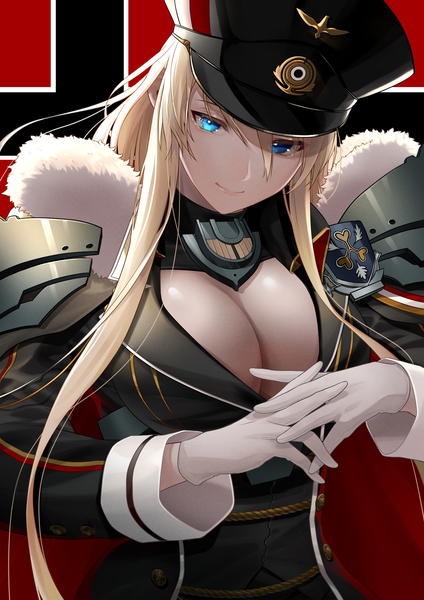 Anime picture 1447x2047 with azur lane bismarck (azur lane) oshida bob single long hair tall image looking at viewer fringe breasts blue eyes light erotic blonde hair smile hair between eyes large breasts standing payot cleavage upper body long sleeves