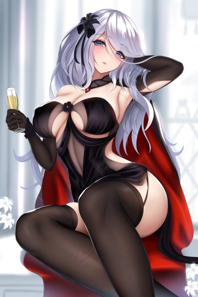 Anime picture 4000x6000 with original nekoda (maoda) single long hair tall image looking at viewer blush fringe highres breasts blue eyes light erotic hair between eyes large breasts sitting bare shoulders holding payot absurdres cleavage
