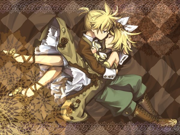 Anime picture 1600x1200 with vocaloid kagamine rin kagamine len junji blonde hair couple girl dress flower (flowers)
