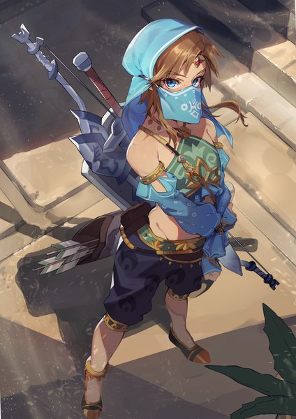 Anime picture 2893x4093 with the legend of zelda the legend of zelda: breath of the wild nintendo link uedrk yamato single tall image looking at viewer highres short hair blue eyes blonde hair standing traditional clothes from above groin covered mouth boy weapon detached sleeves