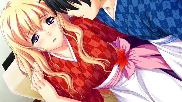 イラスト 1280x720 と koi mekuri clover niina ayami amasaka takashi 長髪 赤面 金髪 wide image 紫目 game cg 和服 couple 女の子 男性
