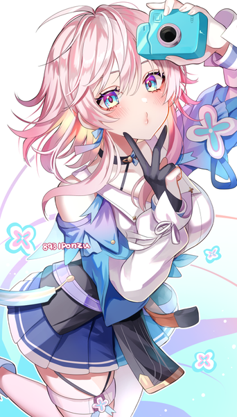 Anime picture 695x1220 with honkai: star rail honkai (series) march 7th (honkai: star rail) hakusai ponzu single tall image looking at viewer fringe short hair blue eyes hair between eyes bare shoulders signed pink hair ahoge from above multicolored eyes girl single glove camera
