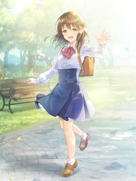 Anime picture 904x1200 with original mono lith single tall image looking at viewer blush fringe short hair open mouth brown hair standing brown eyes blue hair full body bent knee (knees) outdoors :d arm up wind sunlight