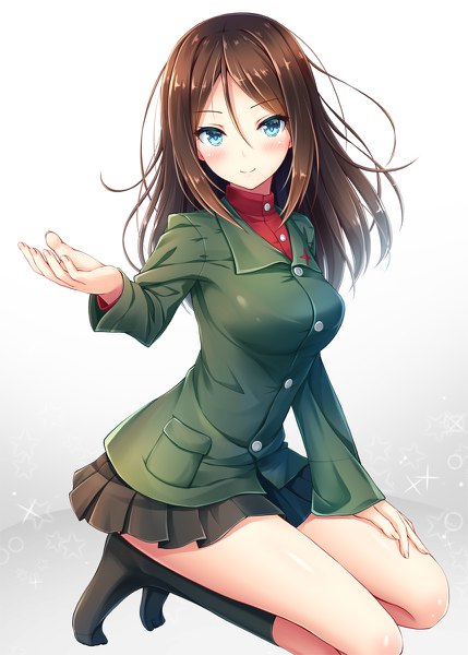 Anime picture 858x1200 with girls und panzer nonna (girls und panzer) akashio (loli ace) single long hair tall image looking at viewer fringe blue eyes simple background smile hair between eyes brown hair sitting full body bent knee (knees) pleated skirt no shoes hand on hip kneeling