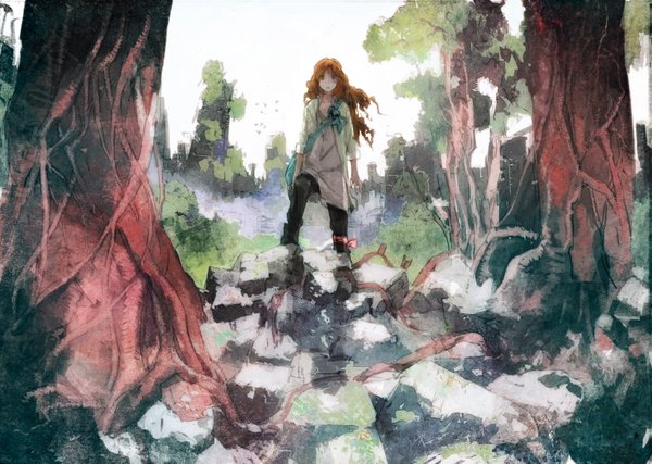 Anime-Bild 1753x1250 mit biscuits frankenstein humi (artist) single long hair looking at viewer highres open mouth blue eyes red eyes standing orange hair heterochromia twisty sleeves girl plant (plants) shirt tree (trees) pants forest stone (stones)