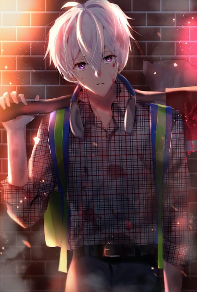 Anime picture 591x874 with idolish 7 osaka sougo umi (rcm3ncnwgsxvd3g) single tall image looking at viewer fringe short hair hair between eyes purple eyes holding silver hair upper body ahoge blood on face twisty sleeves against wall headphones around neck bloody clothes brick wall