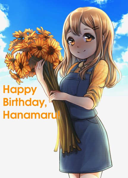 Anime picture 1000x1390 with love live! sunshine!! sunrise (studio) love live! kunikida hanamaru klaeia single long hair tall image looking at viewer blush fringe smile brown hair holding sky cloud (clouds) inscription orange eyes text english