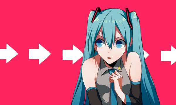 Anime picture 1000x600 with vocaloid hatsune miku asd13 single long hair fringe simple background hair between eyes wide image twintails bare shoulders looking away aqua eyes aqua hair pink background girl detached sleeves directional arrow
