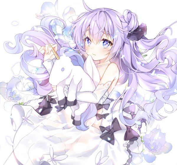 Anime picture 895x836 with azur lane unicorn (azur lane) pingo single long hair looking at viewer fringe hair between eyes purple eyes bare shoulders purple hair ahoge one side up floral background girl thighhighs dress detached sleeves white thighhighs white dress