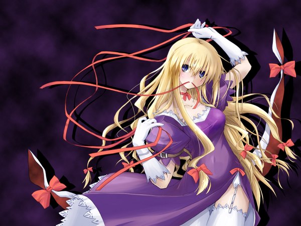 Anime picture 1600x1200 with touhou yakumo yukari yuuki eishi single long hair looking at viewer fringe breasts blue eyes blonde hair hair between eyes large breasts standing holding arm up mouth hold covered navel ribbon in mouth girl thighhighs
