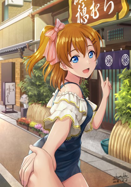 Anime picture 1020x1447 with love live! school idol project sunrise (studio) love live! kousaka honoka shamakho tall image looking at viewer blush fringe short hair open mouth blue eyes hair between eyes brown hair signed outdoors :d short sleeves one side up holding hands